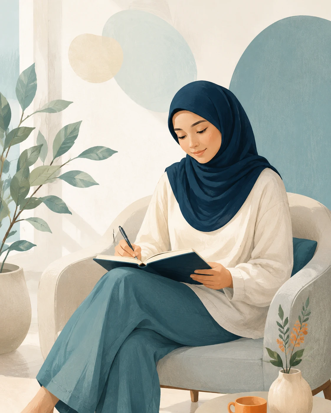 Ilustrasi seorang perempuan menulis jurnal dengan tenang